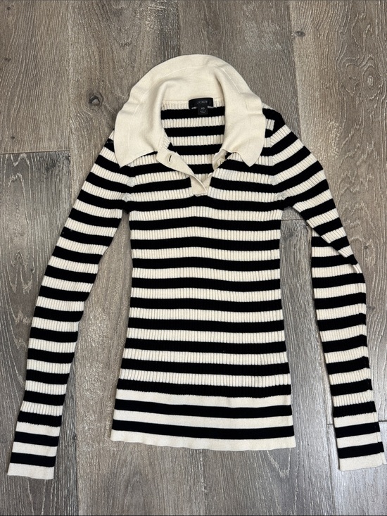 J. Crew Sweaters - J. Crew merino wool Black and White Striped Ribbed Polo Sweater CB0843